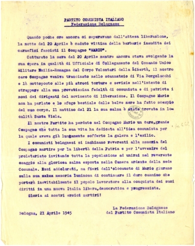 Partito comunista italiano, Federazione di Bologna, Comunicato sull’uccisione di Sante Vincenzi, 21 aprile 1945 (Archivio del Triumvirato insurrezionale dell’Emilia-Romagna)