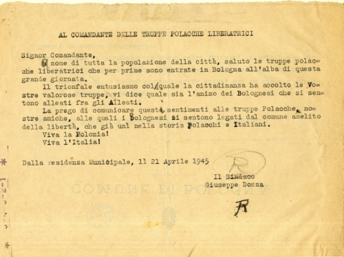Messaggio di Giuseppe Dozza a Wladyslaw Anders, comandante delle truppe polacche, 21 aprile 1945 (Archivio del Triumvirato insurrezionale dell’Emilia-Romagna)