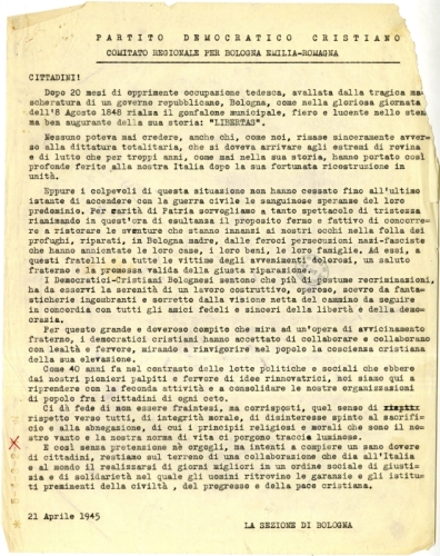 Partito democratico cristiano, Comitato regionale per Bologna Emilia-Romagna, Comunicato sulla Liberazione di Bologna, 21 aprile 1945 (Archivio del Triumvirato insurrezionale dell’Emilia-Romagna)