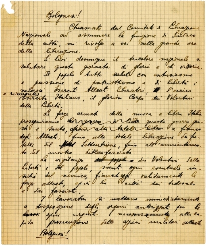 (fronte)Lettera di Giuseppe Dozza ai bolognesi subito dopo aver assunto la carica di sindaco, 21 aprile 1945 (Archivio del Triumvirato insurrezionale dell’Emilia-Romagna)