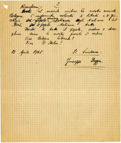 (retro) Lettera di Giuseppe Dozza ai bolognesi subito dopo aver assunto la carica di sindaco, 21 aprile 1945 (Archivio del Triumvirato insurrezionale dell’Emilia-Romagna)
