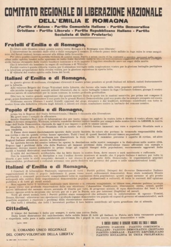 CLN Emilia-Romagna, Manifesto sulla Liberazione dell’Emilia-Romagna, aprile 1945 (Manifestipolitici.it, banca dati online della Fondazione Gramsci Emilia-Romagna)
